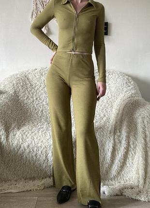 Костюм прогулочный h&m в рубчик лонгслив на молнии рубашка брюки штаны клёш расклешенные п...