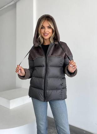 Стильна куртка зимова пуховик на біопуху з хутром 42-46 розміри графіт