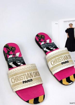 ▪️сланцы стиль christian dior диор женские новые летние лето тапки босоножки низкий ход танкетка шлепки шлепанцы мюли слайдеры золото/яркие цвета3 фото