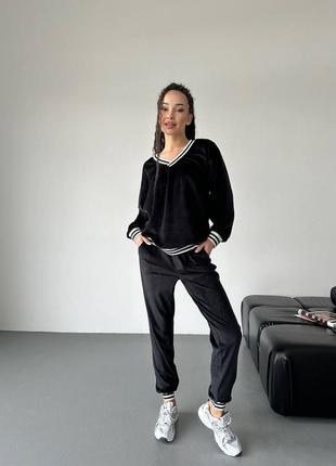 Костюм спортивный женский велюровый оверсайз кофта брюки джоггеры на высокой посадке качественный черный изумрудный