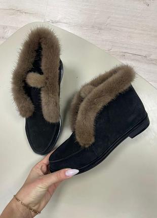 Черевики лофери замшеві, з натуральної шкіри з натурального хутра норка