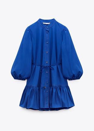 Ярко-синее платье рубашка мини от zara, размер м*8 фото