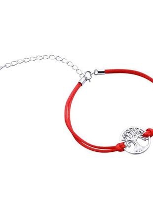 Cрібний браслет "дерево удачі" на червоній шовковій нитці, розмір 16 см x 0,35 см, вага: 2.4 г