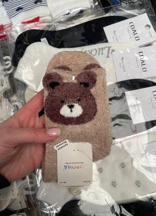 С мишками бежевые молочные айвори носки термо носки кашемир корона тонкие теплые мягкие плюшевые для дома