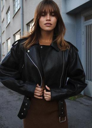 Куртка косуха zara зара черная кожаная шкіряна шкірянка кожанка чорна