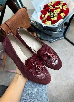 Лофери з натуральної італійської шкіри та замші жіночі бордо марсала