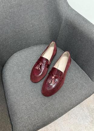 Лофери з натуральної італійської шкіри та замші жіночі бордо марсала