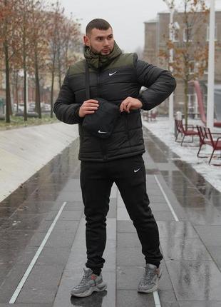 Комплект чоловічий nike: куртка зимова "frost" хакі-чорна + штани з тринитки утеплені чорні. барсетка та