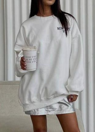 Базовый теплый новый однотонный женский свободный белый оверсайз свитшот, кофта, худи на флисе с надписями🔥
