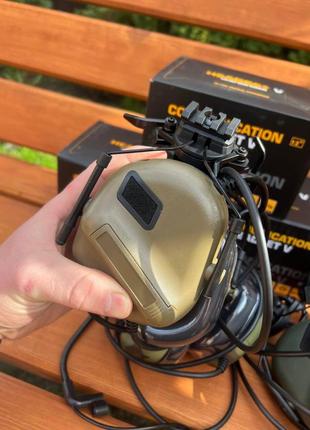 Тактичні активні навушники headset з кріпленнями для шолому з подвійним мікрофоном (мультикам / койот / олива)3 фото