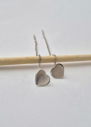 Серебряные сережки серьги цепочки без камней протяжки сердце серебро 925 пробы родированное 0628.50р 1.34г