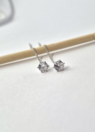 Серебряные серьги протяжки цепочки с  белым камнем 5 мм серебро 925 пробы родированное 5387/1р 1.20г