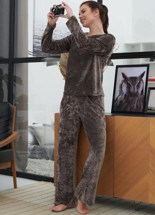 Женский домашний костюм из вискозы, комплект свободная кофта с длинным рукавом и штаны клеш роксана коричневый