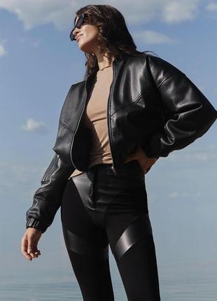 Бомбер женский кожаный чёрный (к-017)