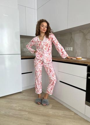 Женская пижама в сердечки: рубашка и штаны, женский костюм для дома