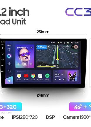 Универсальная 2-din магнитола teyes сс3l 9" 4/32 гб, 1280x720 ips, gps + 4g + carplay
