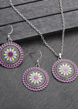 Набір комплект прикрас сережки підвіски ланцюжок ланцюг із підвіскою кулоном різнокольоровий кольоровий в стилі етно ретро бохо сріблястий