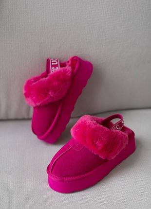 ▪️женские натуральные замшевые мех фуксия малиновые угги ugg тапки резинка тапочки мюли высокая танкетка платформа