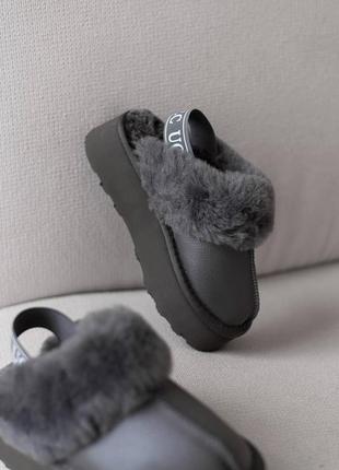▪️женские натуральные кожаные мех серые графитовые угги ugg тапки тапки резинка тапочки мюли зима высокая танкетка платформа