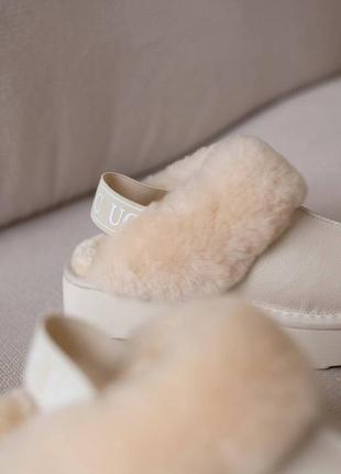 ▪️женские натуральные кожаные мех светлые молочные угги ugg тапки резинка тапочки мюли зима высокая танкетка платформа