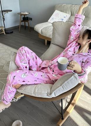 Пижама фланель женская теплая розовая с рисунком размер xs