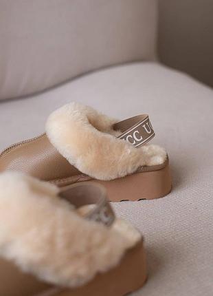 ▪️женские натуральные кожаные мех коричневые-бежевые угги ugg тапки резинка тапочки мюли высокая танкетка платформа