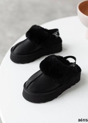 ▪️женские натуральные кожаные мех черные угги ugg funkette tazz тапки резинка тапочки мюли высокая танкетка платформа