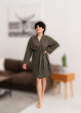 Халат запашной женский муслиновый фактурный размер s, халат cosy премиум качества для дома красивый хаки