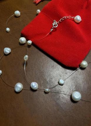 Колье с натуральным жемчугом на невидимой леске, серебряная фурнитура