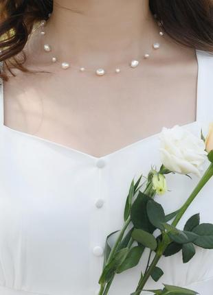 Колье с натуральным жемчугом на невидимой леске, серебряная фурнитура