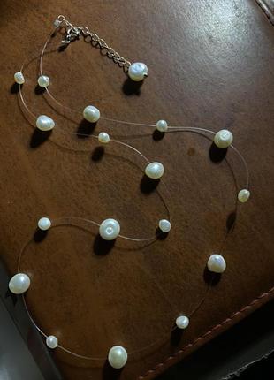 Колье с натуральным жемчугом на невидимой леске, серебряная фурнитура