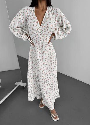 Женское невероятно легкое хлопковое длинное белое платье с розовыми цветами с открытой спинкой