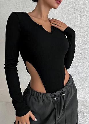 Базовий новий жіночий високий однотонний обтягуючий облягаючий чорний боді з рукавами, з високою посадкою🖤