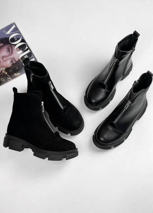Женские демисезонные черные натуральные ботинки на тракторной подошве с молнией спереди