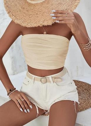 Shein бежевый кремовый топ бандо топик кроп текстурированный в рубчик в полоску