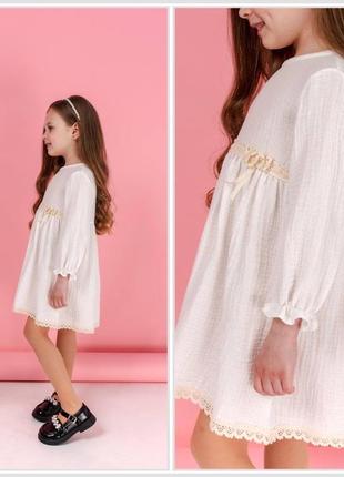 Платье летнее весеннее молочное белое розовое праздничное с кружевом муслиновое для девочки платье платье с оборками нарядное нарядное3 фото