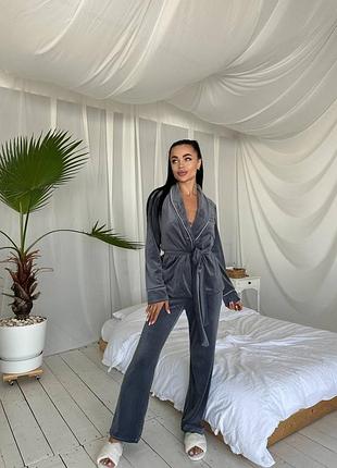 Велюровая пижама двойка с поясом, женская пижама велюр 2 в 1, домашний костюм из велюра, 065