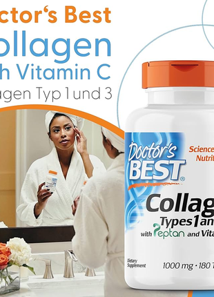Doctor's best, колаген типу 1 і 3 з peptan і вітаміном c, 1000 мг, 180 таблеток2 фото