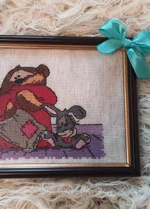 Картина детская, декор, подарок вышивка крестом медвежонок и заяц.3 фото