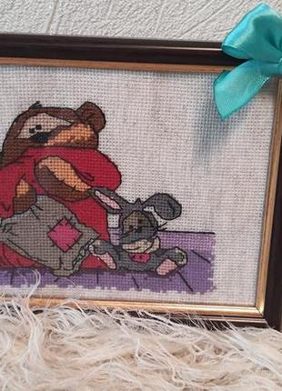 Картина детская, декор, подарок вышивка крестом медвежонок и заяц.4 фото