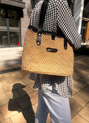 🖤🤎джутова еко сумка з шкіряними ручками ручна робота 🤎🖤