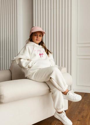 Костюм двійка дитячий підлітковий, спортивний, теплий, дизайнерський, худі кенгуру, штани, молочний