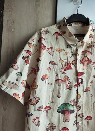 Сорочка з грибами гриби гавайська літня гавайка з грибочками рубаха гавайская рубашка пальмы в пальмах4 фото