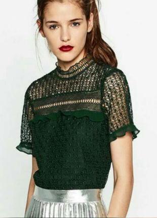 Женская кружевная блуза темно-зеленого цвета от zara