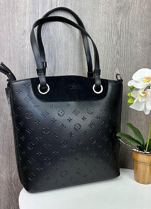 Женская сумка с замшевой вставкой черная стиль луи витон r_1069