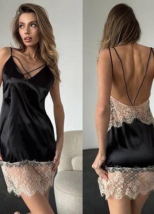 Женская шелковая ночная рубашка с кружевом ночнушка с трусиками короткая платье для сна шелк армани черная