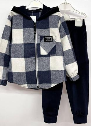 Костюм детский подростковый, кофта клетчатая на молнии с капюшоном, штаны велюровые на меху, синий