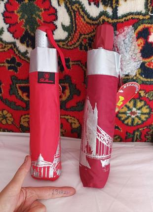 Зонт полуавтомат с городами внутри на серебряном фоне.