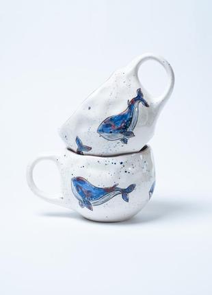 Горнятка «киты», керамическая чашка, ручная роспись, ручная работа, посуда