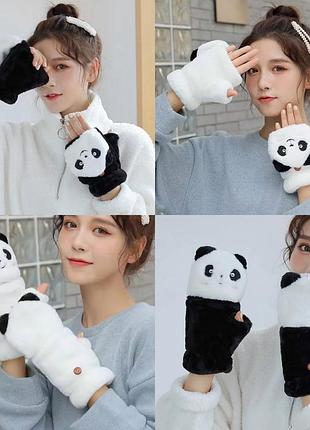 Варежки митенки 2 в 1 теплые меховые панда (teddy, тедди, медведь, мишка), унисекс...